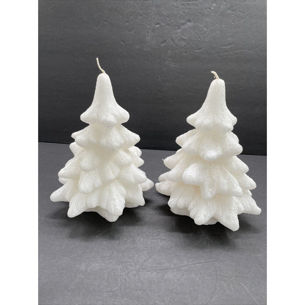 2 Vintage Christmas Tree Wax Candles White With Glitter 1 Lb 12 Oz 8” X 6” NEW